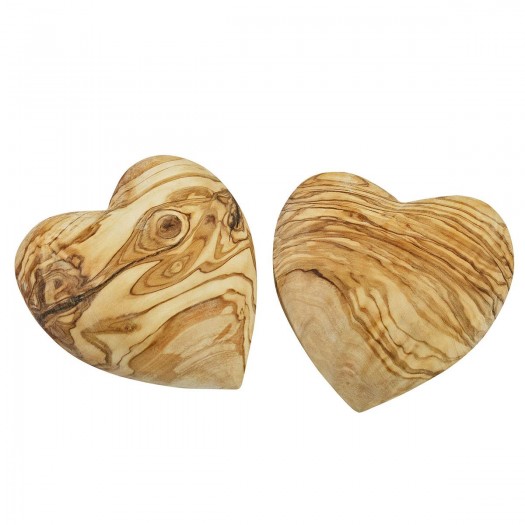 Set 2x deco heart olive wood 10 cm