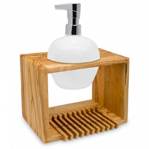 DESIGN combi soap holder olive wood incl. Dispenser white