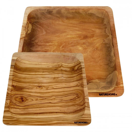 2 plates, square shaped, olive wood 20/26 cm