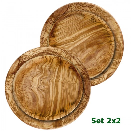 4 pieces Set plates round, 2 small and 2 big  olive wood 20/26 cm
