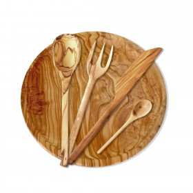 backpack set 5 pieces: small plate, Knife, Spoon, Fork, small spoon olive wood