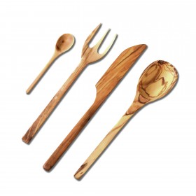 rustic olive wood cutlery 4 pieces: Knife, Spoon, Fork, small spoon