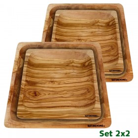 4 pieces Set plates square, 2 small and 2 big  olive wood 20/26 cm