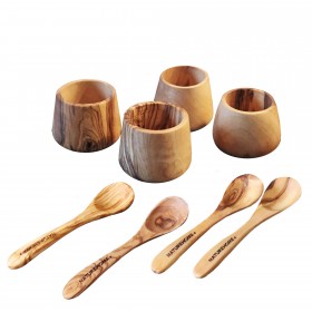 Set of 8: 4 egg cups and 4 egg spoons olive wood