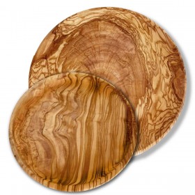 2 plates, round shaped, olive wood 20/26 cm