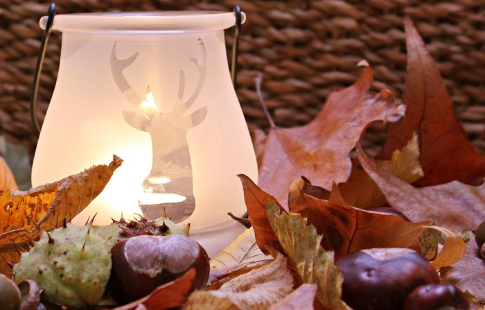 Windlichtglas mit Herbstdeko